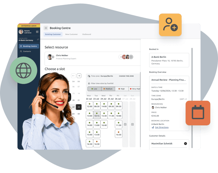 a call centre agency with the TIMIFY Booking Center behind her