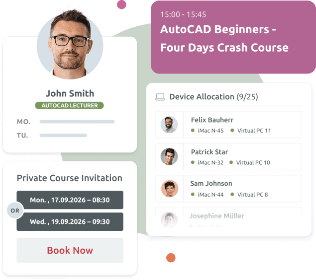 UI mockup for an AutoCAD crash course showing lecturer John Smith, booking options, and device allocation for enrolled students.
