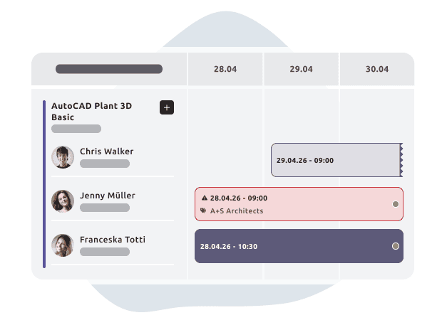 Scheduling interface showing AutoCAD course participants and their assigned events across dates. A red warning box highlights a conflict on 28.04.26 at 09:00 with A+S Architects, while other time slots are displayed for the same and following day.