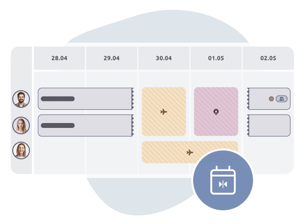 Calendar view showing flexible placement of courses and tasks across dates, with user avatars on the left and icons indicating travel, certification, and group sessions. A calendar icon suggests schedule adjustment functionality.