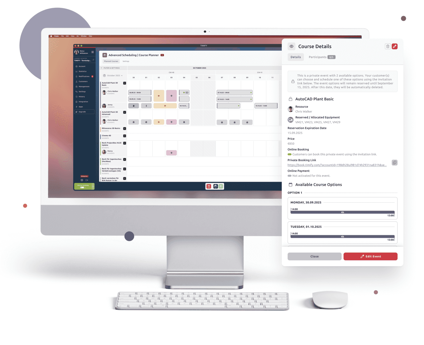 Computer screen showing a scheduling interface for the Course Planner tool, with a detailed sidebar displaying course info, booking options, equipment allocation, and a private booking link. Keyboard and mouse are placed in front of the screen.
