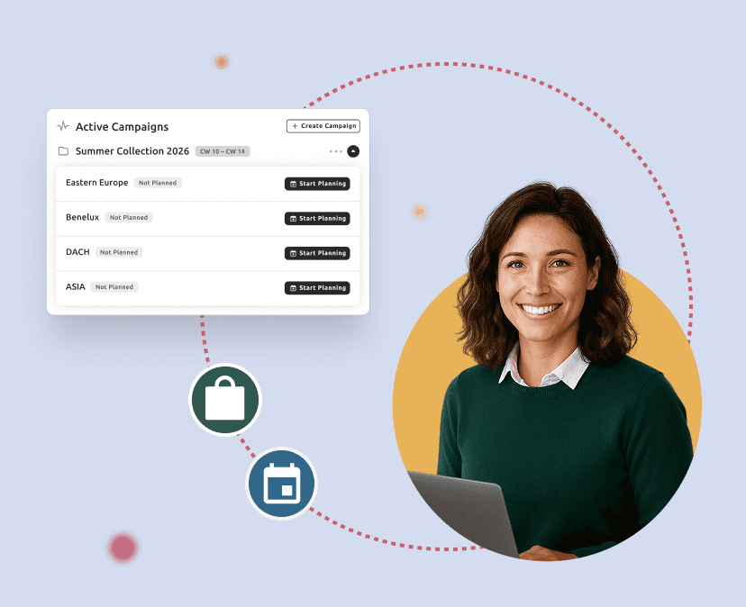 woman standing next to sales planner and a shopping bag and calendar icons