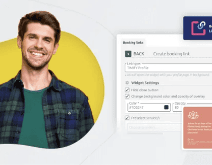 Smiling man beside a screenshot of a booking link creation interface, showing customizable widget settings such as overlay color, opacity, and service preselection.