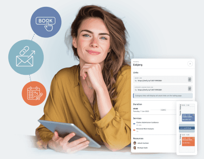 Smiling woman with a tablet, next to Smart Link booking details for services and resources. Icons illustrate the booking flow: send link, schedule, and confirm.