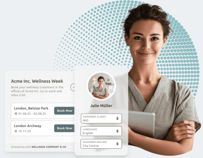 Confident wellness therapist standing beside a booking interface for corporate wellness appointments, showing assigned client and region details.