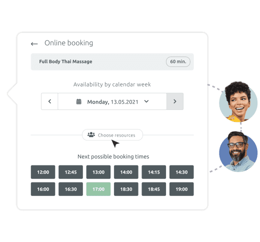 Online booking interface showing available appointment times and resource selection