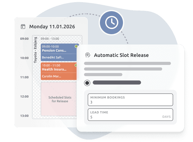 Interface showing a calendar with scheduled appointments and an &ldquo;Automatic Slot Release&rdquo; setting, set to release unbooked slots if fewer than 3 bookings are made 5 days before the event.