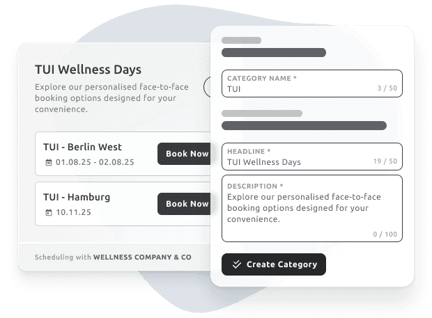 Booking interface of TIMIFY Smart Links showing multiple locations with a form to create and customise booking categories, including name, headline, and description.