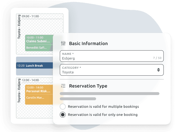 Booking interface with a calendar and settings panel where the reservation is named “Esbjerg” and set to allow only one booking per slot under the “Toyota” category.