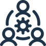 three people around a cog icon