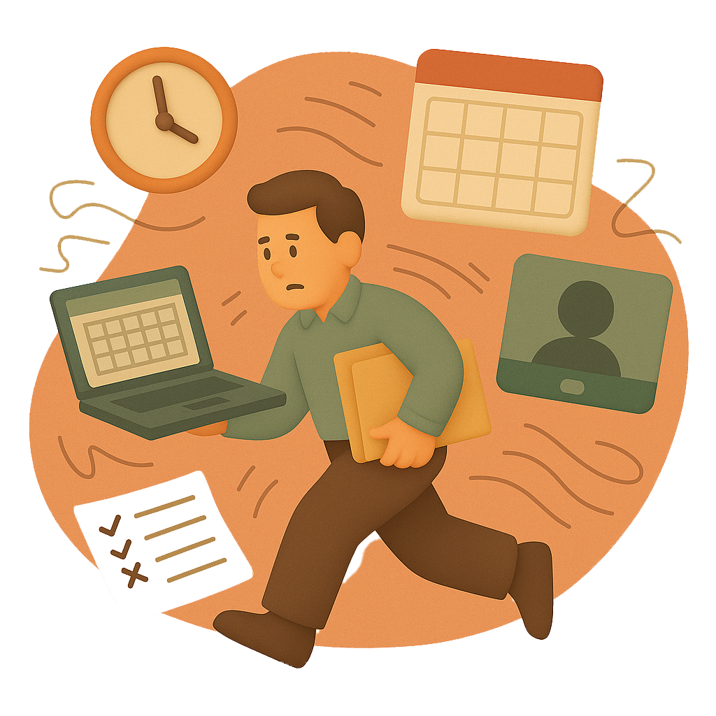 A worried office worker hurries with a laptop and folder, surrounded by icons of a clock, video call, and checklist—illustrating scheduling overload in a busy workday.