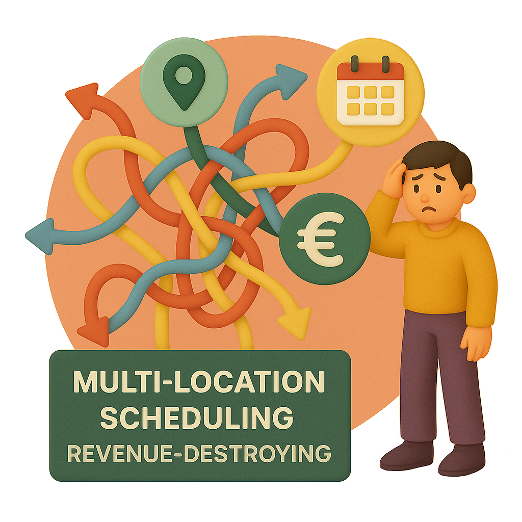 A man stands beside tangled arrows linking location and euro icons, symbolising chaotic multi-location scheduling and lost revenue.