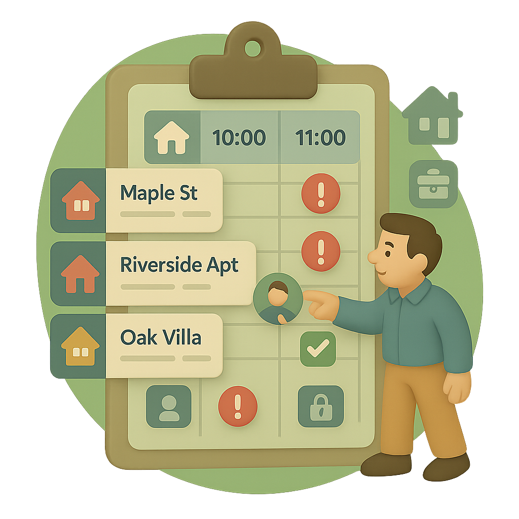 Illustration of a man interacting with a digital schedule showing property appointments, time slots, and status icons like alerts, checkmarks, and locks.