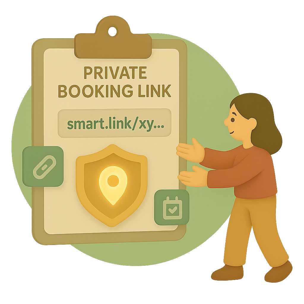 Woman presenting a clipboard with a private booking link and security shield icon, symbolising a protected scheduling URL.