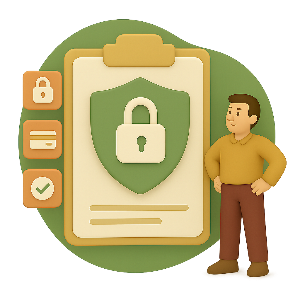 Man standing beside a clipboard with a shield and padlock icon, representing secure access and data protection features.