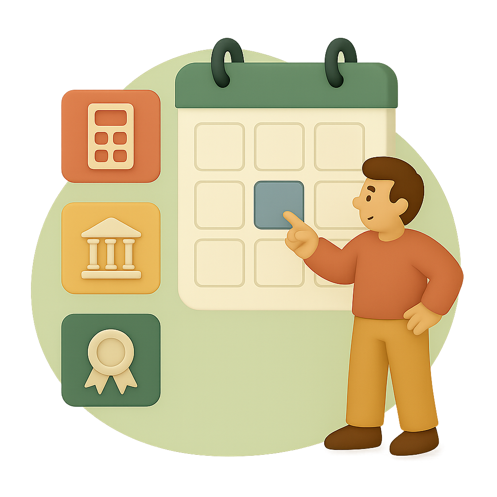 Man pointing at a calendar, surrounded by icons for finance, institutions, and certification, symbolising scheduled administrative tasks.
