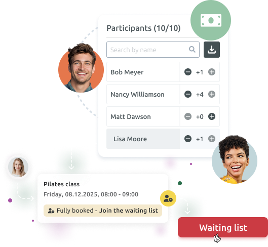 Class waiting list interface showing participant list, full booking status, and option to join the waiting list for a scheduled class.