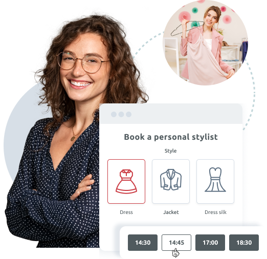 woman next to a booking widget which shows how to book a personal stylist