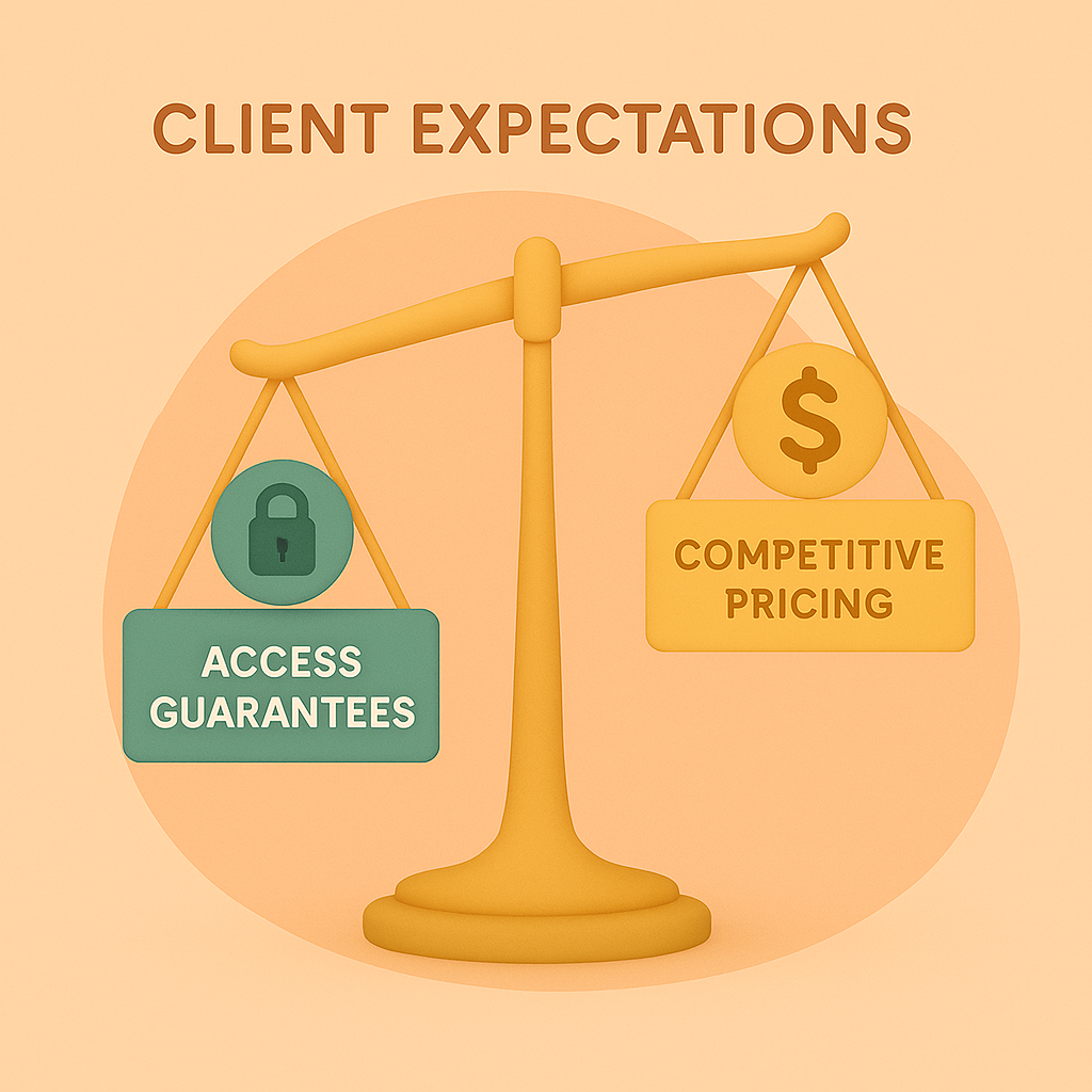 Equilibrio de expectativas del cliente mostrando garantías de acceso vs. precios competitivos