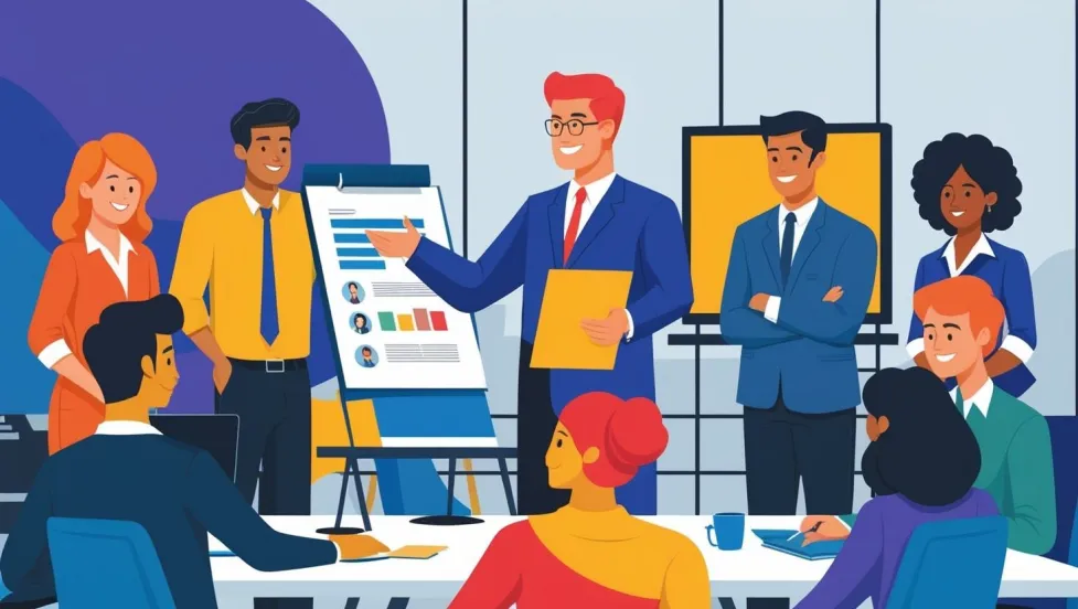 a group of diverse cartoon persons standing in a circle and discussing candidate profiles