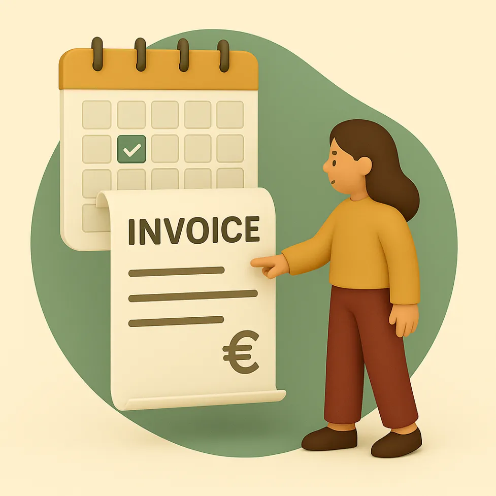 A 3D flat-style illustration of a woman pointing at an invoice emerging from a calendar, highlighting recurring invoices and billing directly from appointments.