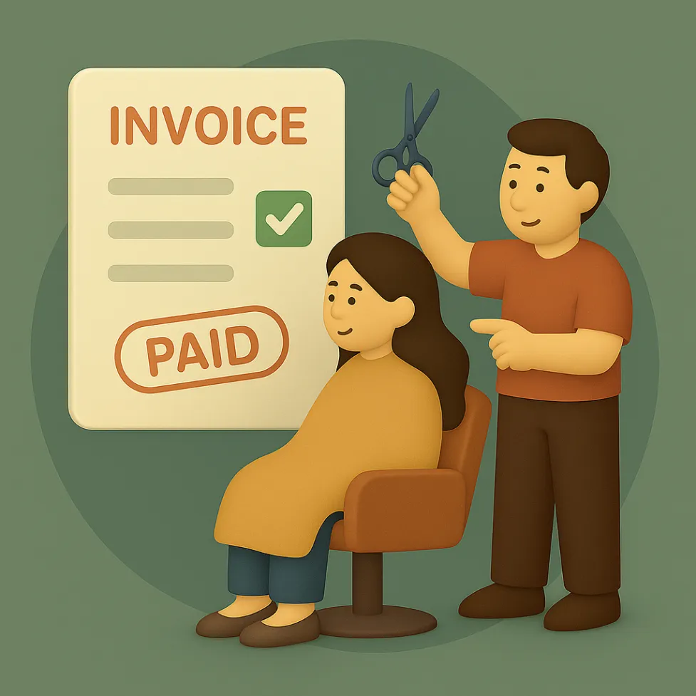 A 3D flat-style illustration of a hairdresser holding scissors while showing a paid invoice next to a client in a salon chair.