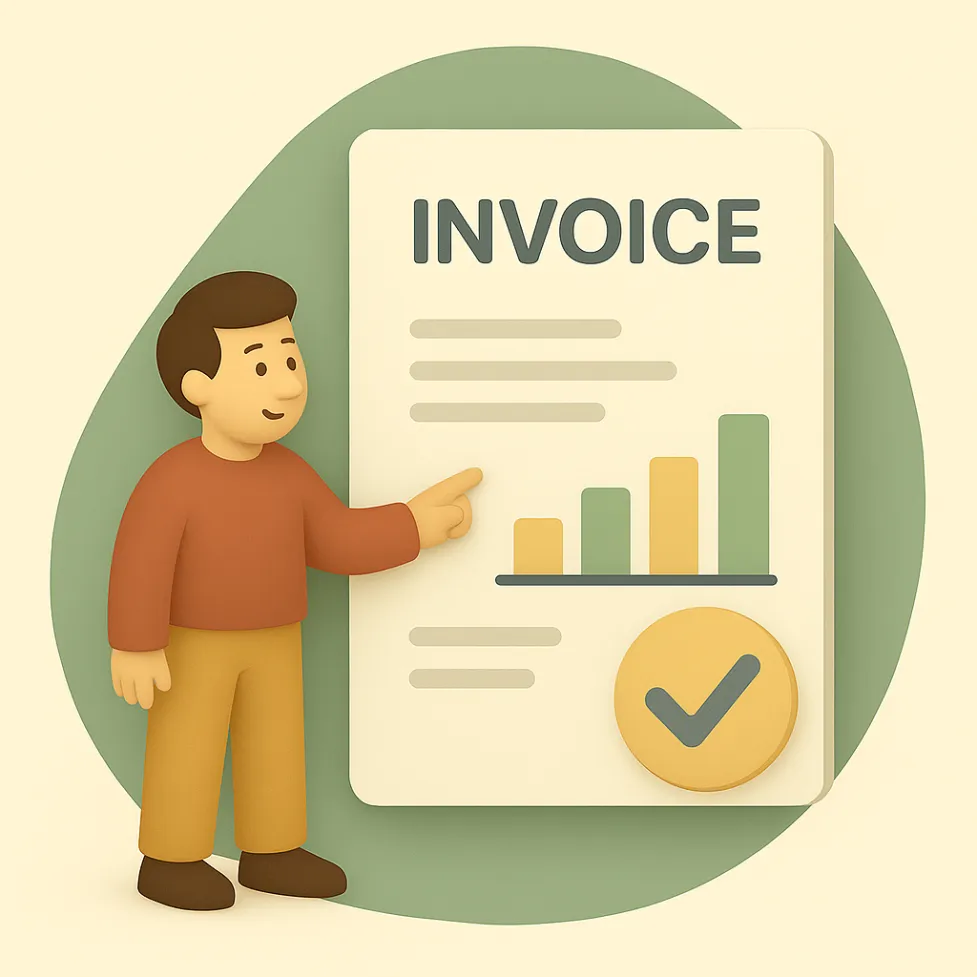 A 3D flat-style illustration representing invoice tracking, approvals, and financial reporting.