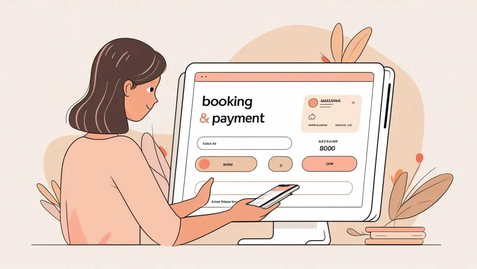a woman sitting in front of a laptop and paying online for an appointment