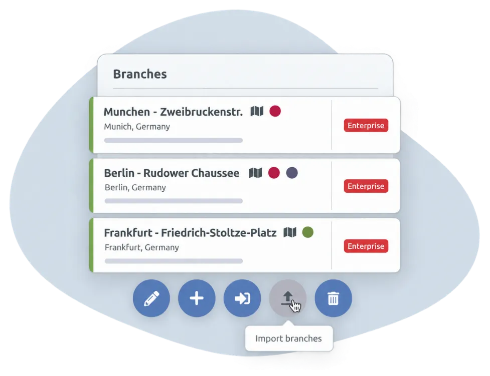 Three branches in the TIMIFY Branch manager. there are five buttons on the bottom of these branches indicating action options for the employees for example to import branches