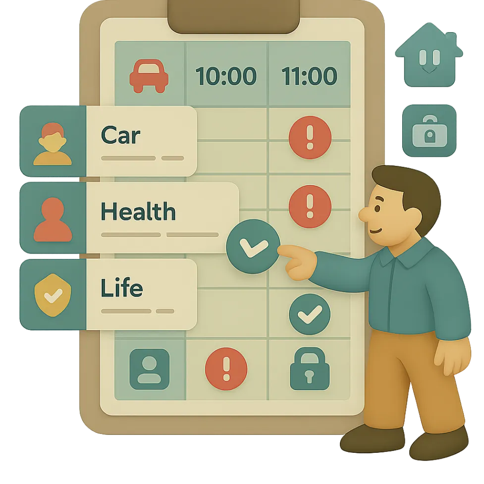 Illustration of a man pointing at a clipboard schedule with Car, Health, and Life insurance slots, symbolising centralised advisor scheduling.
