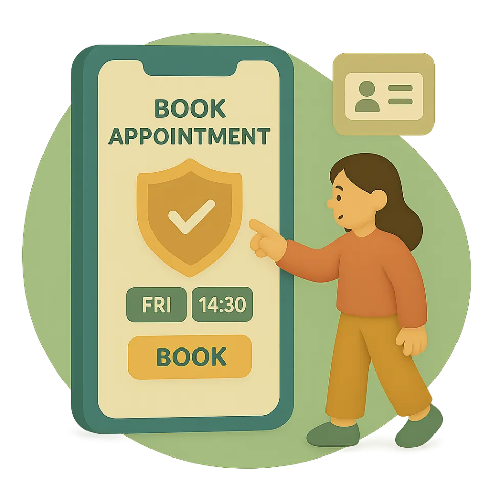 Illustration of a woman interacting with a mobile screen showing physiotherapy bookings, highlighting how specialists manage on-site visits alongside regular clinic appointments.