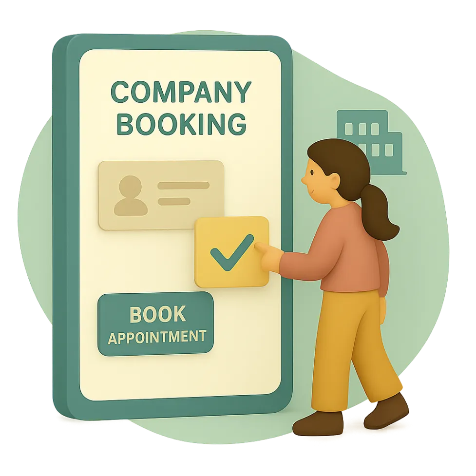 Illustration of a woman booking a company health appointment through a dedicated booking page, symbolising exclusive scheduling for corporate partners.