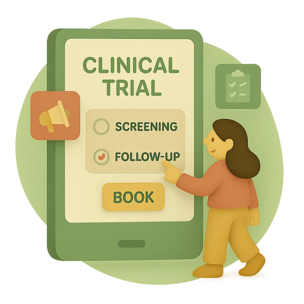 Illustration of a woman selecting follow-up visits on a digital clinical trial booking screen, symbolising structured scheduling for study participants.
