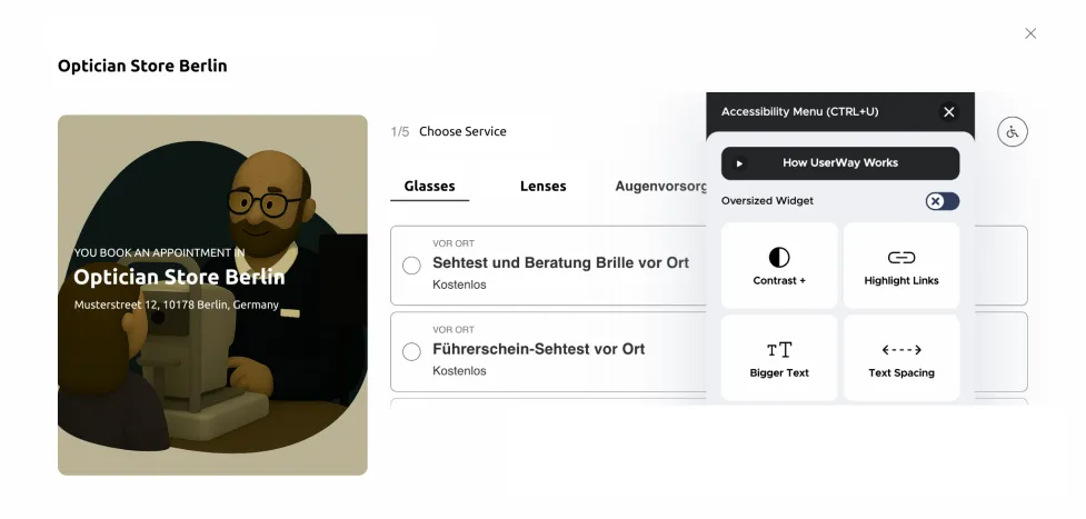 Screenshot of an online appointment booking interface for “Optician Store Berlin.” The left side shows a stylised illustration of an optometrist and patient during an eye exam. On the right, an open accessibility widget (UserWay) offers options like “Contrast +,” “Highlight Links,” “Bigger Text,” and “Text Spacing,” enabling users to customise the visual experience for better accessibility.