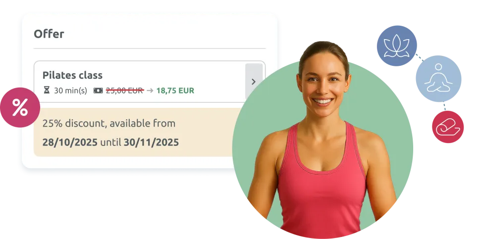 Wellness instructor next to a discounted class offer displaying service price reduction, availability dates, and wellness activity icons.
