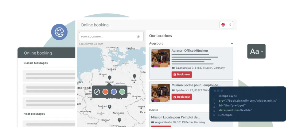 un widget de reservas de TIMIFY y un mapa de Alemania