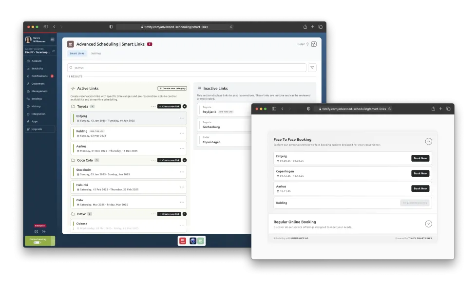 Screenshot of TIMIFY Smart Links solution in two browser windows