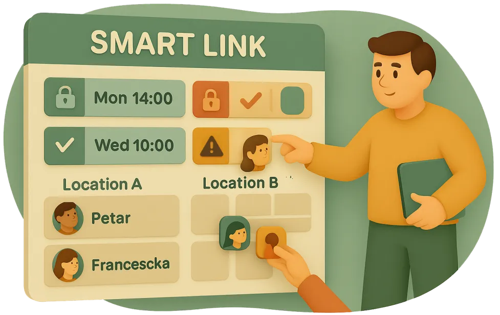 Illustration of a man managing a Smart Link scheduling board, assigning staff to locations A and B. Time slots show different booking statuses, with a warning icon for Location B. Represents controlled multi-location scheduling with smart booking rules.