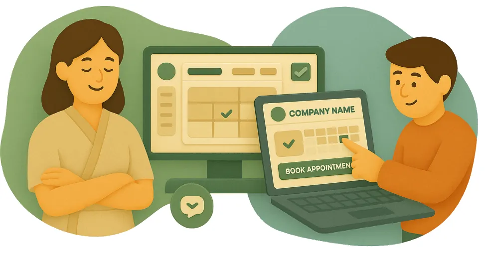 Illustration of a happy therapist and a client booking an appointment online. Scheduling screens show confirmed bookings.