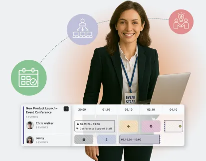 Event manager using TIMIFY Course Planner to schedule multi-day MICE events with automated resource allocation and conflict-free planning