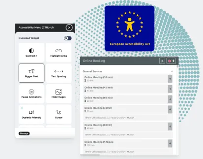 A timify booking widget and a EAA accessibility menu