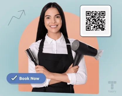 a hairdresser and a booking qr code next to her