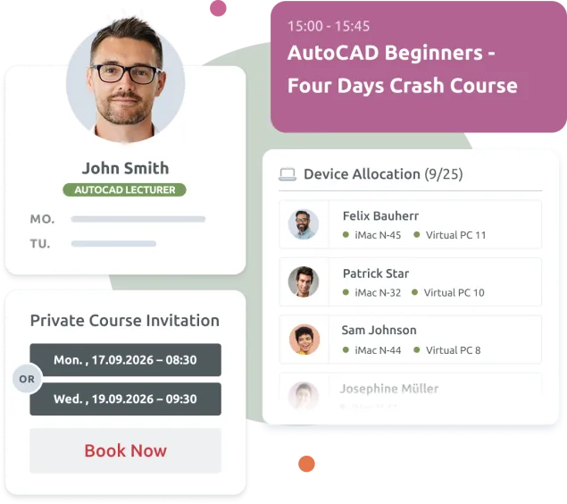 Mockup de UI para un curso intensivo de AutoCAD mostrando al instructor John Smith, opciones de reserva y asignación de dispositivos para estudiantes inscritos.