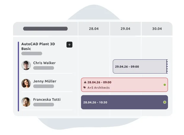 Interfaz de programación mostrando participantes del curso AutoCAD y sus eventos asignados en diferentes fechas. Un cuadro de advertencia rojo resalta un conflicto el 28.04.26 a las 09:00 con A+S Architects, mientras que otros horarios se muestran para el mismo y siguiente día.