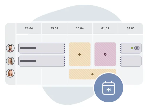 Vista de calendario mostrando la colocación flexible de cursos y tareas en diferentes fechas, con avatares de usuarios a la izquierda e íconos que indican viaje, certificación y sesiones grupales. Un ícono de calendario sugiere funcionalidad de ajuste de programación.
